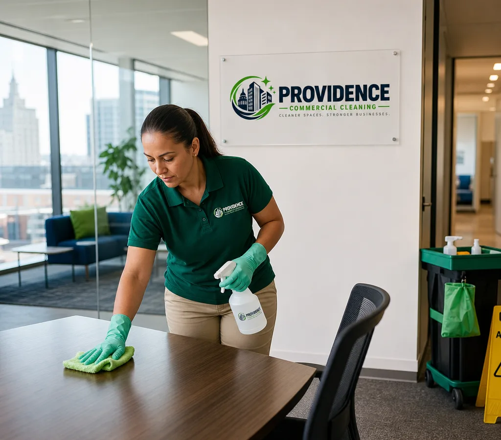 Cleaner disinfecting high-touch surfaces in a modern Providence office suite